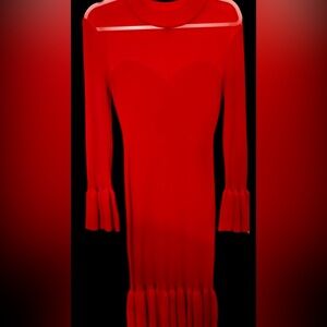 Pretty Red, sweater, cotton ruffles on wrist and bottom of dress  shear chest